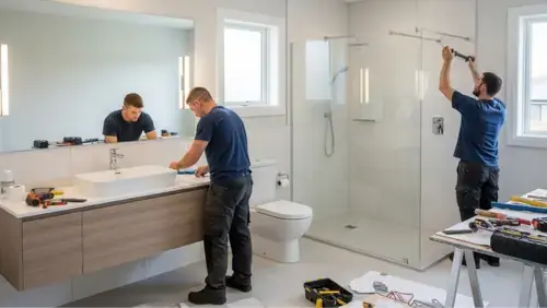 Expert bathroom remodeling in New Jersey by Tedesco Remodeling, featuring professional contractors installing a modern vanity and glass walk-in shower