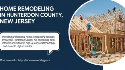 Professional home remodeling in Hunterdon County, NJ, featuring a construction team installing wooden roof trusses on a new house