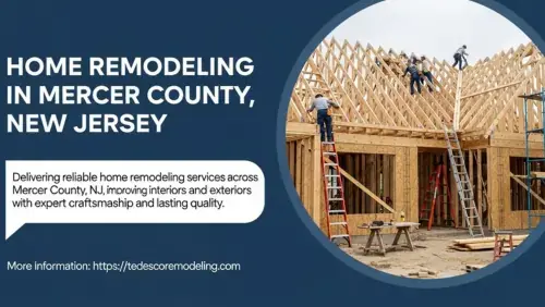 Professional home remodeling in Mercer County, NJ, featuring contractors installing wooden roof trusses and structural house framing
