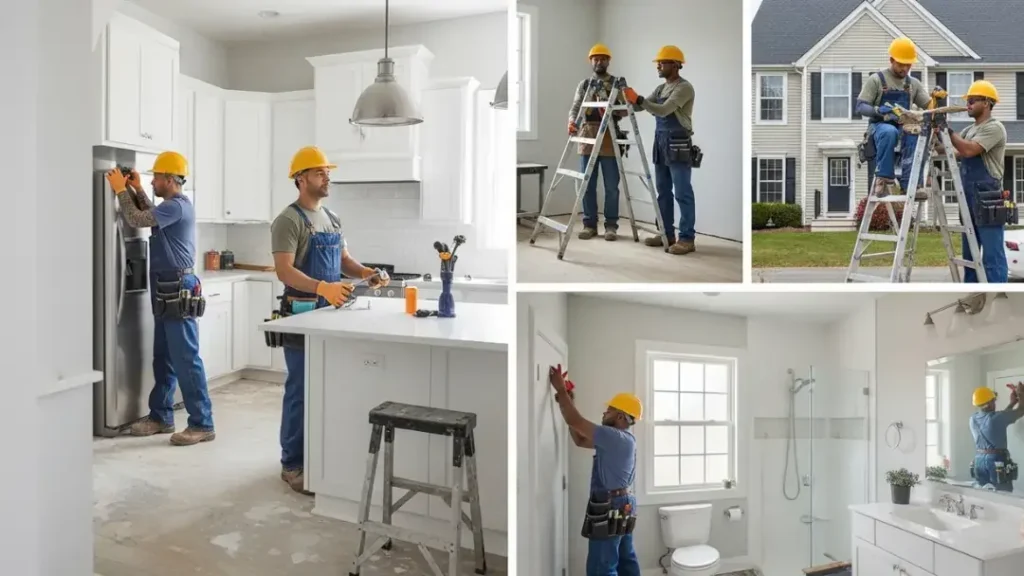 Professional handyman workers in yellow hard hats performing various home renovation tasks including kitchen repair, bathroom maintenance, and exterior house work.