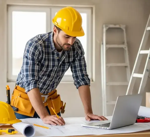 Expert construction worker planning a house renovation using a laptop and architectural drawings