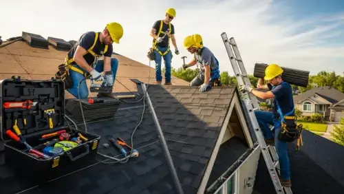 Expert roofing contractor team in New Jersey performing a precision residential roof installation with high-quality shingles and safety gear